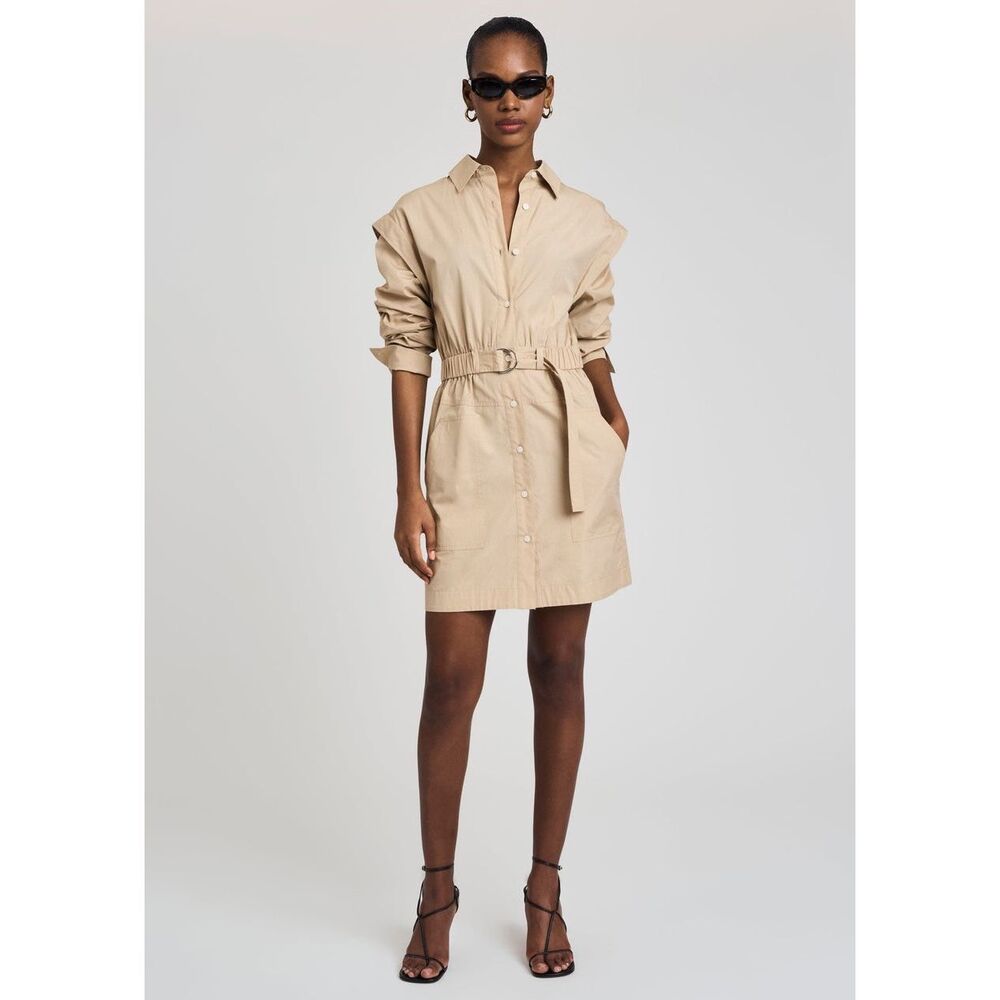 Derek Lam 10 Hadley Ruched Sleeve Belted Mini Shirt Dress Light Khaki Size 6